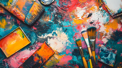 Vibrant Artistic Workspace with Brushes and Paints for International Creativity Month