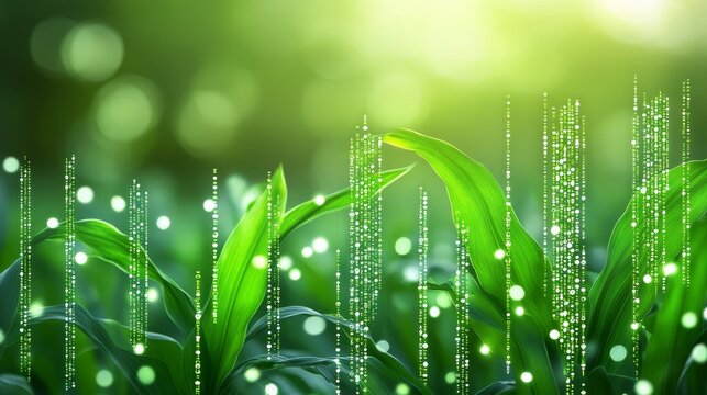 Green Leaves with Abstract Light Trails and Bokeh Background