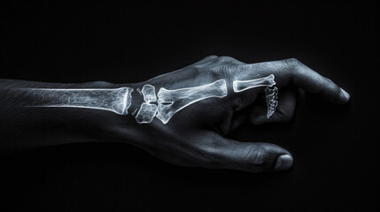 Obraz premium detailed X ray image of human hand showcasing skeletal structure, highlighting bones and joints. This visual representation is essential for understanding bone health and injuries
