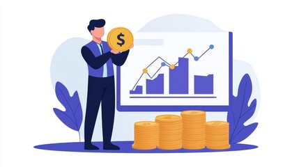 Businessman Holding Gold Coin with Growing Graph and Stacks of Money