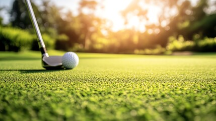A close-up view of a golf club ready to strike a golf ball on a lush green course under a warm, glowing sunlight.