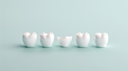 collection of white ceramic teeth models displayed on soft green background, showcasing various shapes and broken piece. This highlights dental aesthetics and care