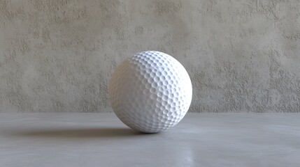 A close-up view of a white golf ball resting on a smooth surface, showcasing its distinct dimples and spherical shape.