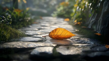 58. A leaf lying on a stone path, with soft natural light creating a warm atmosphere