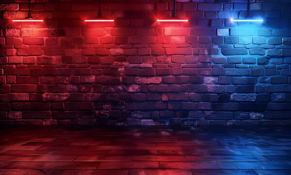 Red and blue neon light on a brick wall background vector illustration. Design element that could be used for a sport, concert or party poster, flyer, banner,