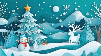 Creative Christmas vector poster with a Christmas tree, snowman, reindeer, and