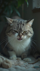 Obraz premium Gray Tabby Cat Hissing Indoors with Fierce and Defensive Expression