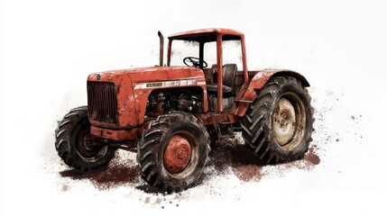 Obraz premium Red Vintage Tractor with Mud Splatter Isolated on White