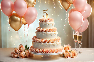 5th wedding anniversary celebration. Wedding cake, champagne and bouquet of rose flower. Romantic background.
