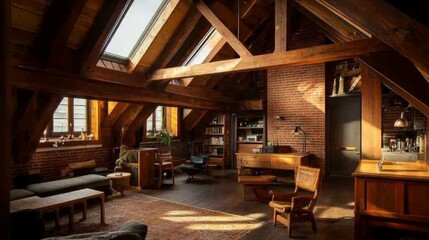 Renovated loft space with exposed rafters, skylights, and handcrafted wooden furniture, embracing both heritage and modernity.