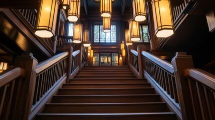 Fototapeta premium Renovated staircase with Arts and Crafts-inspired railings, surrounded by natural materials and contemporary lighting fixtures.