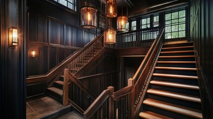 Obraz premium Renovated staircase with Arts and Crafts-inspired railings, surrounded by natural materials and contemporary lighting fixtures.