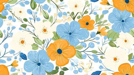 Seamless Floral Pattern Blue Orange White