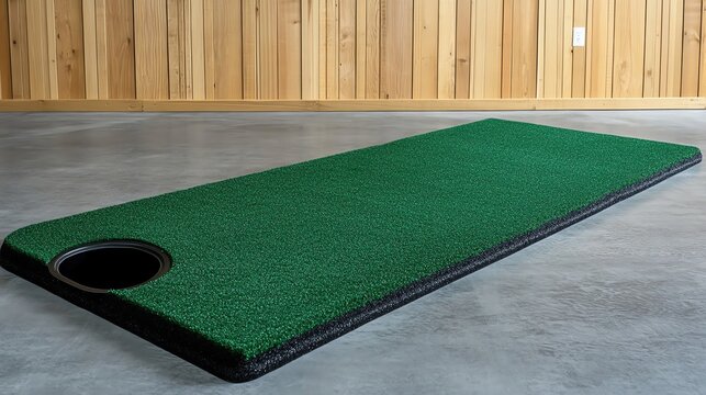 A green indoor putting mat designed for golf practice, featuring a hole for realistic training experiences.