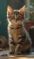Obraz premium Young Tabby Kitten Sitting Indoors with Alert and Curious Expression