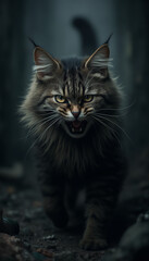 Obraz premium Maine Coon Cat Sitting Outdoors with Intense and Fierce Expression