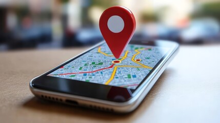 Smartphone with Red GPS Location Pin on Map