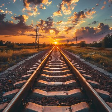 railroad tracks in the sunset