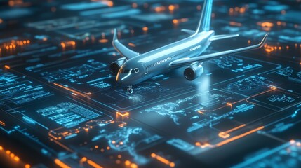 Futuristic Airplane Interface with World Map and Digital Elements