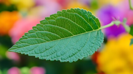 75. A close-up of a single leaf with soft edges, with a blurred background of colorful flowers