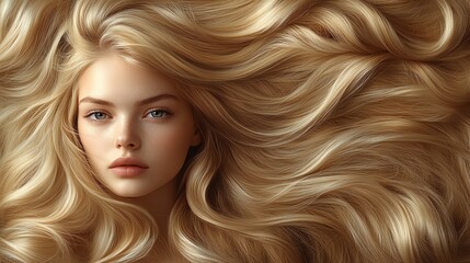 Naklejka premium Beautiful woman with long, flowing blonde hair against a soft background.