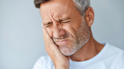 man holding his jaw in pain, expressing discomfort and distress, possibly due to dental issue. His facial expression conveys sense of urgency and need for relief