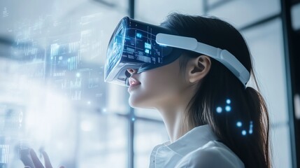 Futuristic augmented reality headset holographic displays technology office innovation. AI generated