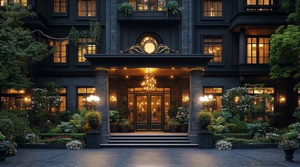 Elegant entrance of a luxurious building with warm lights and lush greenery.