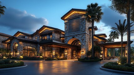 Elegant modern hotel exterior at twilight with palm trees and illuminated entrance.