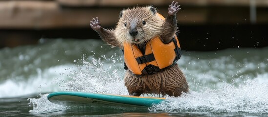 A beaver wearing a life vest rides a surfboard on a wave.