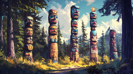 Colorful totem poles in a forest. Native American Totem Poles. Illustration