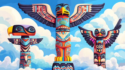Colorful totem poles against blue sky and clouds. Native American Totem Poles. Illustration