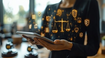 Professional woman using tablet with digital legal icons in the background.