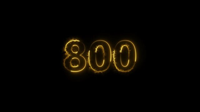 Abstract neon countdown 800 number neon glowing turquoise color animation. black background 4k video.  