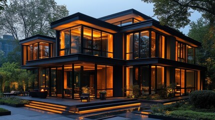 Obraz premium Modern glass house illuminated at dusk with lush surroundings.