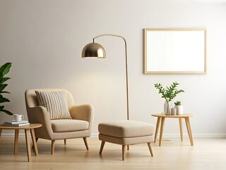 Minimalist living room with a beige chair, ottoman, floor lamp, side table, plants, and framed art.
