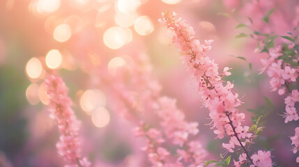 Obraz premium Delicate pink blossoms bloom under soft sunlight in a serene garden setting during springtime