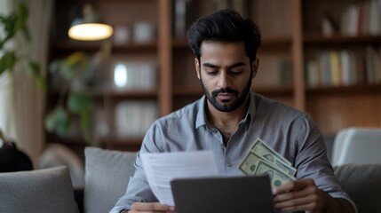 Obraz premium Indian man with medium age, reviewing financial documents and holding cash while