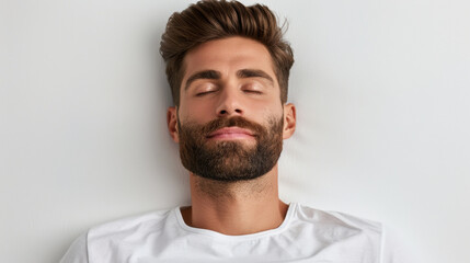 Fototapeta premium Relaxed man with closed eyes and beard lying on white surface, exuding calmness and tranquility. His serene expression suggests moment of peace and mindfulness