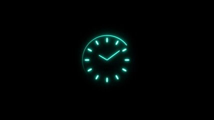  Clock icon neon glowing cyan color animation.  Analog and digital clock black background 4k video.
