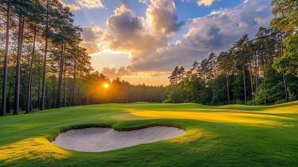 Obraz premium A stunning sunset over a serene golf course, with lush green lawns and a sand trap, perfect for nature and sports enthusiasts.