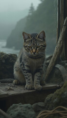 Obraz premium Playful Tabby Kitten Sitting Outdoors with Happy and Inquisitive Look