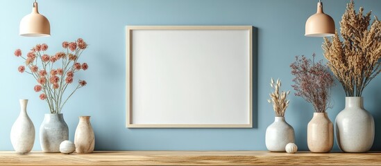 Empty picture frame mockup on a wooden shelf with pastel vases and dried flowers against a blue wall.