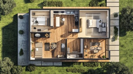 Aerial View of Modern House Floor Plan with Green Grass