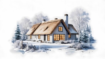 Watercolor Cozy Nordic House on white background
