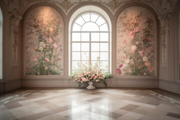 Light-Filled Living Room with Elegant Floral Arrangements, Grand Window, and Classic Luxury Decor in European Style. Palace Interior background