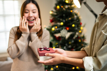 A delighted woman reacts with joy as a small red and white gift box with a ribbon is presented to her, with a decorated Christmas tree in the background, capturing a heartfelt holiday exchange