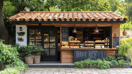A charming rustic bakery with an outdoor display of pastries