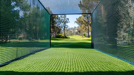 A tranquil view inside a golf practice cage, showcasing the lush green grass and serene surroundings perfect for training.