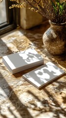 Two blank white business cards on a wooden surface with a vase of dried flowers and sunlight streaming through a window, creating shadows.